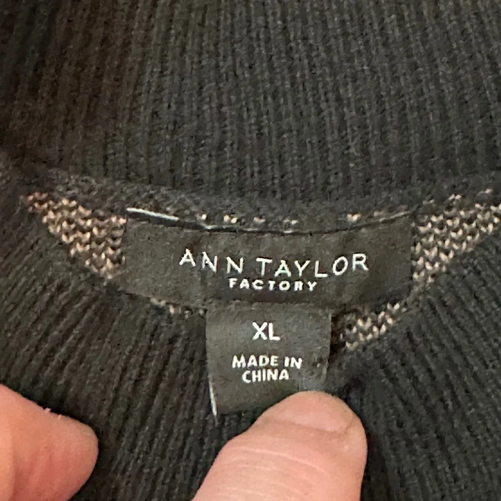 Ann Taylor Black & Tan Plaid XL Mock Neck Cotton Blend Long Sleeve Tunic Sweater